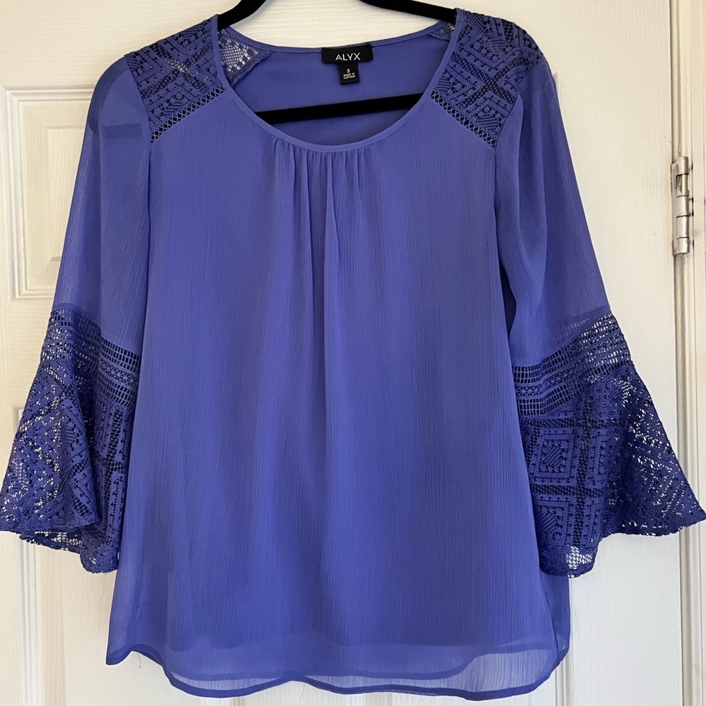 Blue Lace Bell Sleeve Blouse